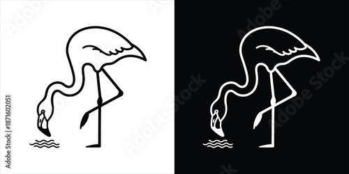Elegant Line Art Flamingo Icon Design Graceful Bird Foraging in Water