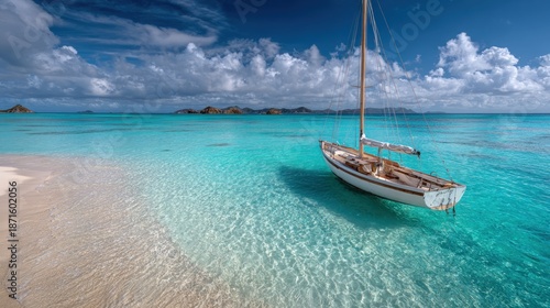 Sailboat anchored turquoise clear water beach