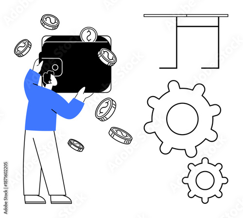 Financial management, technology solutions, business growth, digital payment, innovation, efficiency. Person holding wallet with coins, large gears minimalist elements. Financial management