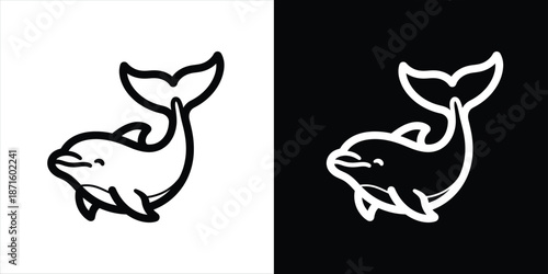 Cute Dolphin Illustration in Black and White, Playful Marine Mammal
