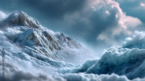 Wallpaper Mural Dramatic winter landscape with a snow-covered mountain amidst swirling clouds and icy formations, a stunning digital illustration Torontodigital.ca