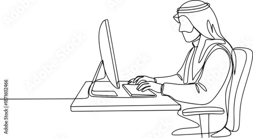 Arab businessman in thobe working on computer line art, isolated.