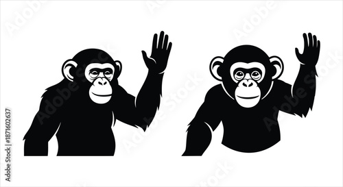 Pair of illustrated chimpanzees raising hands in a friendly greeting gesture