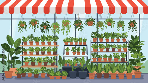 Bright and airy plant shop or greenhouse interior filled with many varieties of potted indoor plants on shelves and hanging.