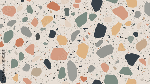 Seamless multicolored terrazzo pattern with large irregular fragments in earth tones for architectural and interior design.
