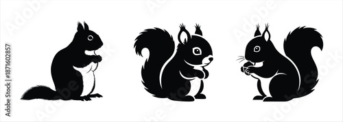 Stylized black squirrel silhouettes for nature-themed projects and cute animal designs