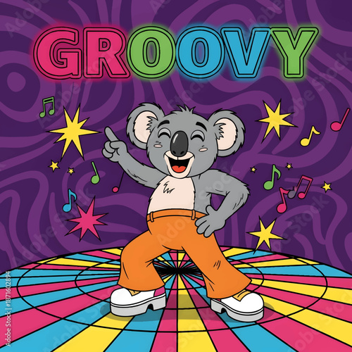 Groovy cartoon koala bear character wearing bell bottoms and platform shoes enthusiastically dancing under neon lights on a colorful disco floor