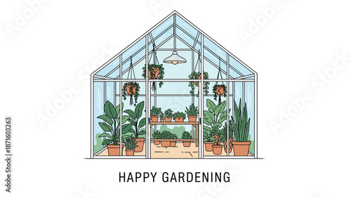 Large industrial style glass greenhouse filled with various potted tropical plants and a happy gardening message below the scene.