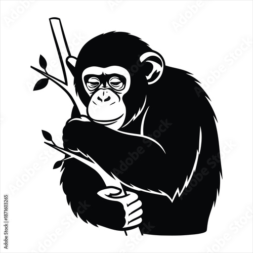 Thoughtful chimpanzee illustration clinging to a branch, a symbol of primal serenity