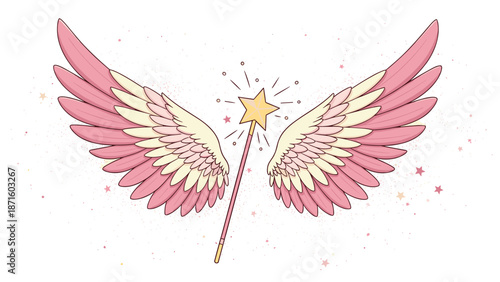 Large pink and cream feathered wings with a golden star magic wand in the center and sparkling fairy dust for magical themes.