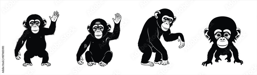 Fototapeta premium Chimpanzee Icons Set Silhouette Waving Sitting and Walking