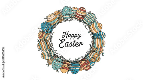 Beautiful round wreath made of decorated colorful easter eggs and thin twigs with a central happy easter greeting message.