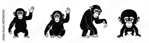 Chimpanzee Icons Set Silhouette Waving Sitting and Walking