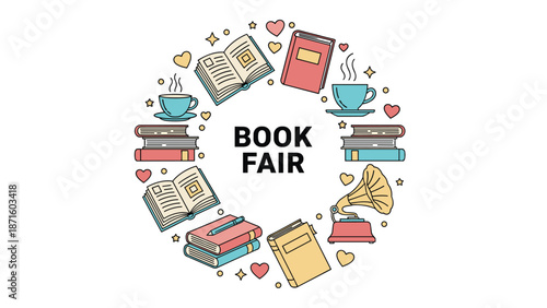 Circular design for a book fair features illustrations of open books, coffee cups, hearts, and an old gramophone.