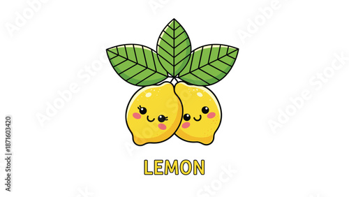 Two cute illustrated lemons with smiling faces and green leaves are featured in this cheerful graphic design for children.