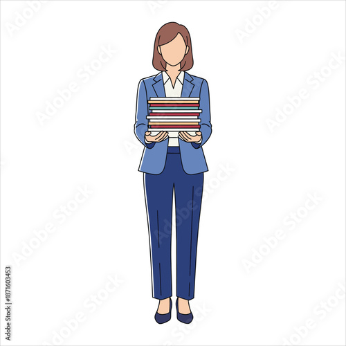 Young woman in business attire holding a stack of books