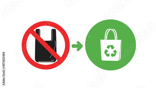 Informative graphic encourages replacing single-use plastic bags with reusable cloth tote bags featuring a green recycle logo.