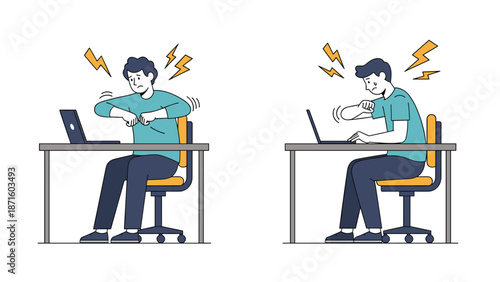 Office worker experiences physical discomfort and arm pain while sitting at a desk and typing on a laptop computer.