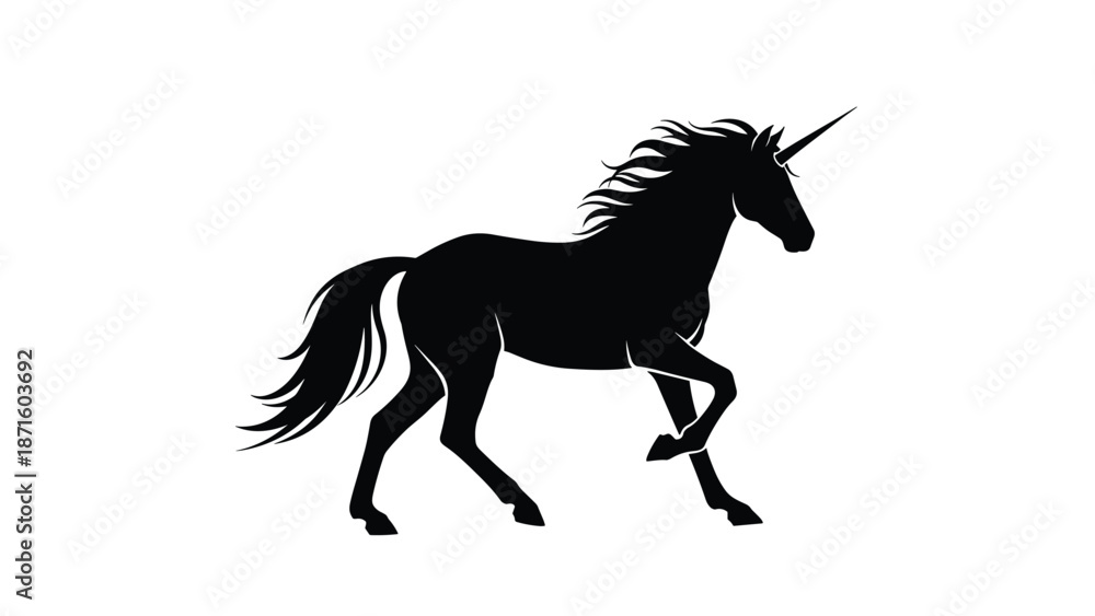 Fototapeta premium Elegant black silhouette of a mythical unicorn is captured in a graceful running pose on a solid white background.