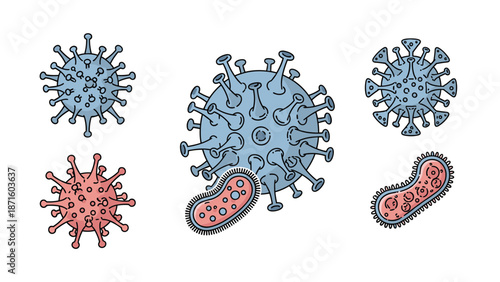 Scientific illustration shows various types of microscopic viruses and bacteria in different shapes and bright colors.