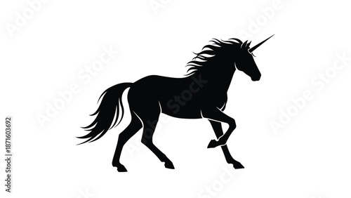 Elegant black silhouette of a mythical unicorn is captured in a graceful running pose on a solid white background.