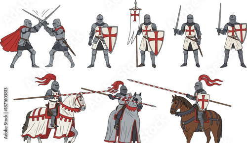 Medieval knight templar vector set featuring crusader warriors with swords shields and lances on horses isolated on white background for historical design.