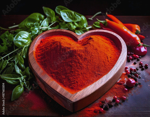 Red Paprika in Woodenn Heart Shaped Bowl, Spinach Carrots, AI
