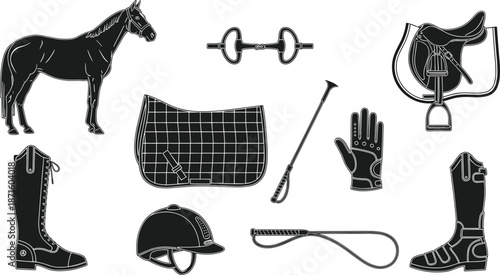 Black and White Equestrian Icons Set Featuring Horse Riding Gear, English Saddle, Bridle Bit, Helmet, Tall Boots, Whip, and Riding Gloves