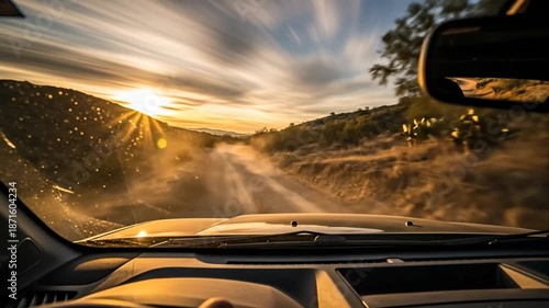 Driving on dusty dirt road at sunset, off-road adventure in arid landscape