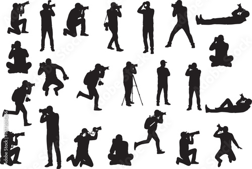Set of black photographer silhouettes, isolated on background.