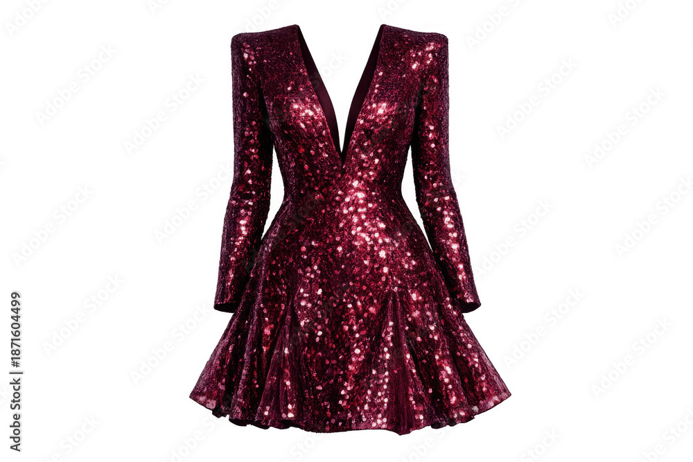 Obraz premium Burgundy sequin mini dress featuring a v-neck and long sleeves, elegant party fashion garment for celebration