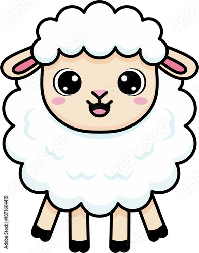 Cute kawaii sheep cartoon character with fluffy white wool