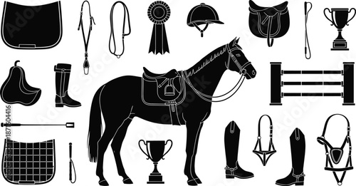 Equestrian horse riding equipment silhouette set, saddled stallion, riding boots, helmet, trophies, saddle pads, horse tack icons isolated on white background,