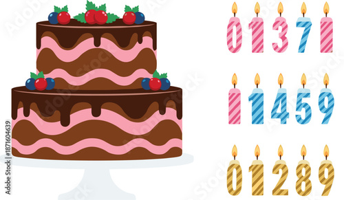 Birthday celebration vector set featuring a two tier chocolate cake with berries and a collection of numbered colorful striped burning candles.