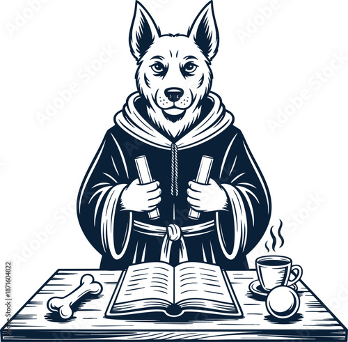 Cartoon dog wearing a robe and holding books sitting at a table with a cup of coffee and a bone