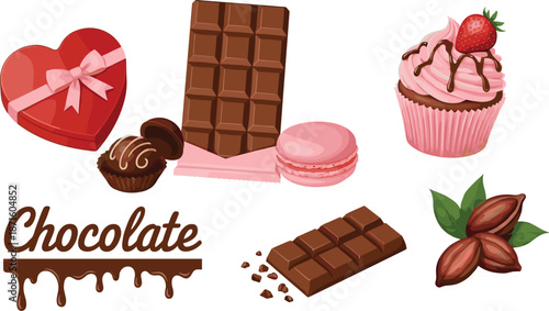 Assorted chocolate dessert vector set featuring dark chocolate bars pink strawberry cupcake macaron truffle box and cacao beans for bakery and sweet shop branding.