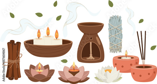 Aromatherapy and spa wellness vector set featuring lotus candles incense sticks cinnamon bundle sage smudge stick and essential oil burner for relaxation design.