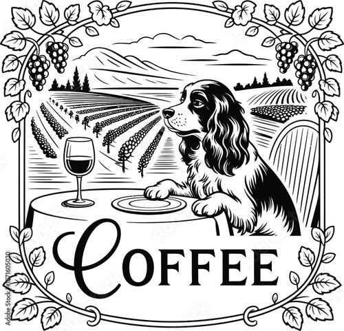 Dog sitting at a table with a wine glass and plate surrounded by vineyards and grapevines