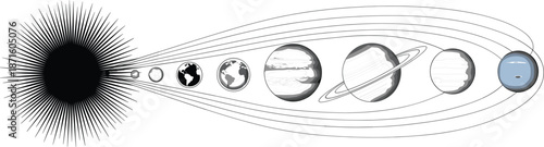 Solar system vector illustration with planets in orbit around the sun featuring earth mars saturn and jupiter astronomical diagram.