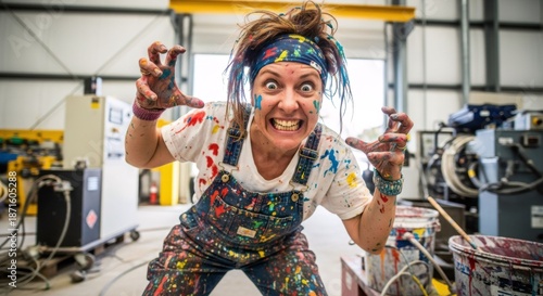 Energetic Female Artist Covered in Splattered Paint Roars Dramatically