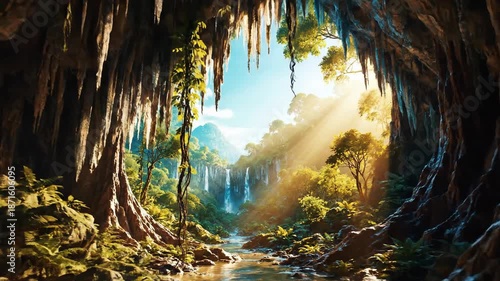 Sunlit cave opening in lush jungle scene.