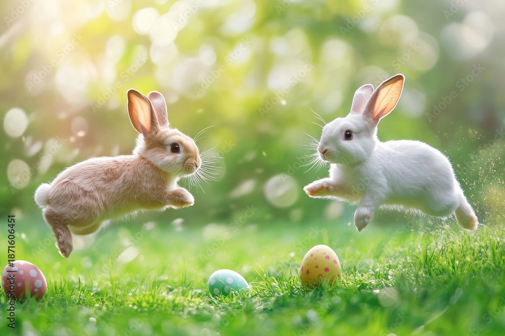 Obraz premium Jumping bunnies celebrate spring with colorful eggs in a vibrant garden scene during Easter festivities