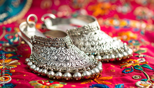 traditional indian ethnic footwear handcrafted oxidized silver juttis with intricate design and ghungroo bells on vibrant embroidered fabric