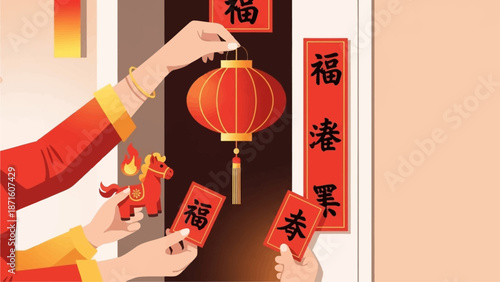 A charming flat design illustration of a mother and child decorating their home with traditional red lanterns and couplets for Lunar New Year. The scene subtly incorporates the 'Year of the Fire Horse