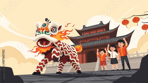 This flat design vector illustrates a dynamic lion dance performance, a core part of Chinese New Year celebrations, watched by an excited family. 