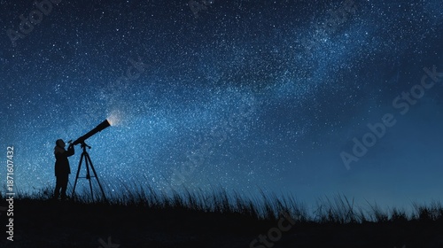 Astronomer observing starry night sky