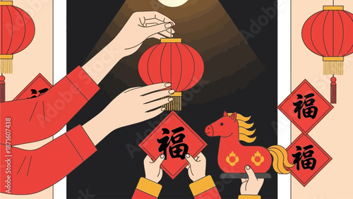 A charming flat design illustration of a mother and child decorating their home with traditional red lanterns and couplets for Lunar New Year. The scene subtly incorporates the 'Year of the Fire Horse
