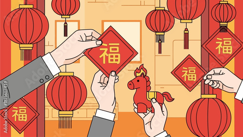 A charming flat design illustration of a mother and child decorating their home with traditional red lanterns and couplets for Lunar New Year. The scene subtly incorporates the 'Year of the Fire Horse