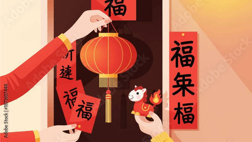 This flat design vector shows a joyful family, dressed in traditional attire, celebrating Lunar New Year outdoors with sparklers and fireworks. The modern illustration captures the festive spirit and 