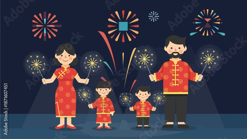 This flat design vector shows a joyful family, dressed in traditional attire, celebrating Lunar New Year outdoors with sparklers and fireworks. The modern illustration captures the festive spirit and 